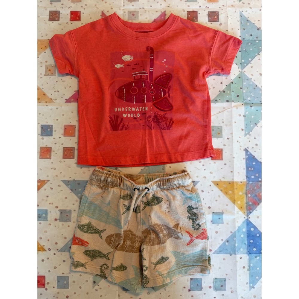 Carters Toddler Boys 24M Submarine T-Shirt and Shorts Set Coral Blue 2PC 0947